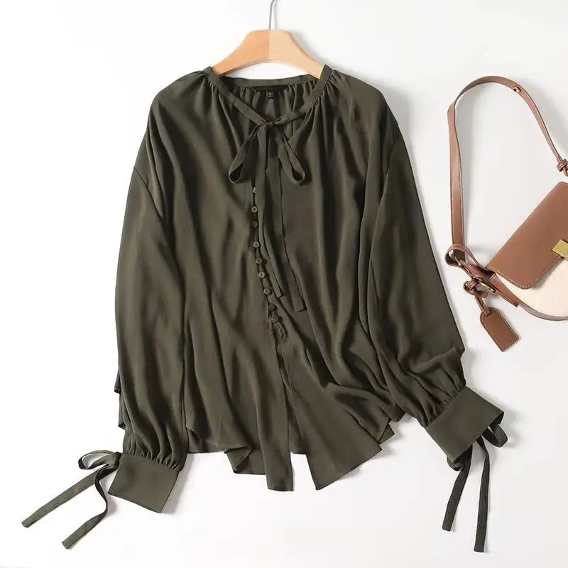 2025 French Style Women's Shirts Dark Green Loose Long Sleeve Top with Bow Tie Autumn Tops Aurexia off
