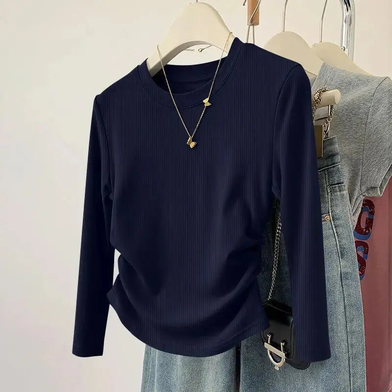 Spring and Autumn Women's Threaded T-shirt Top Soft Solid Color Round Neck Long Sleeve Fashionable Slimming Bottom Shirt Aurexia off