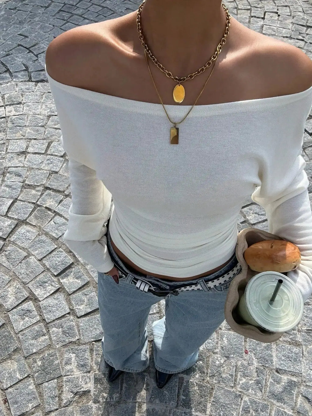 Women Off Shoulder Long Sleeve Knit Top Slim Fit Casual White T-Shirt Aurexia off