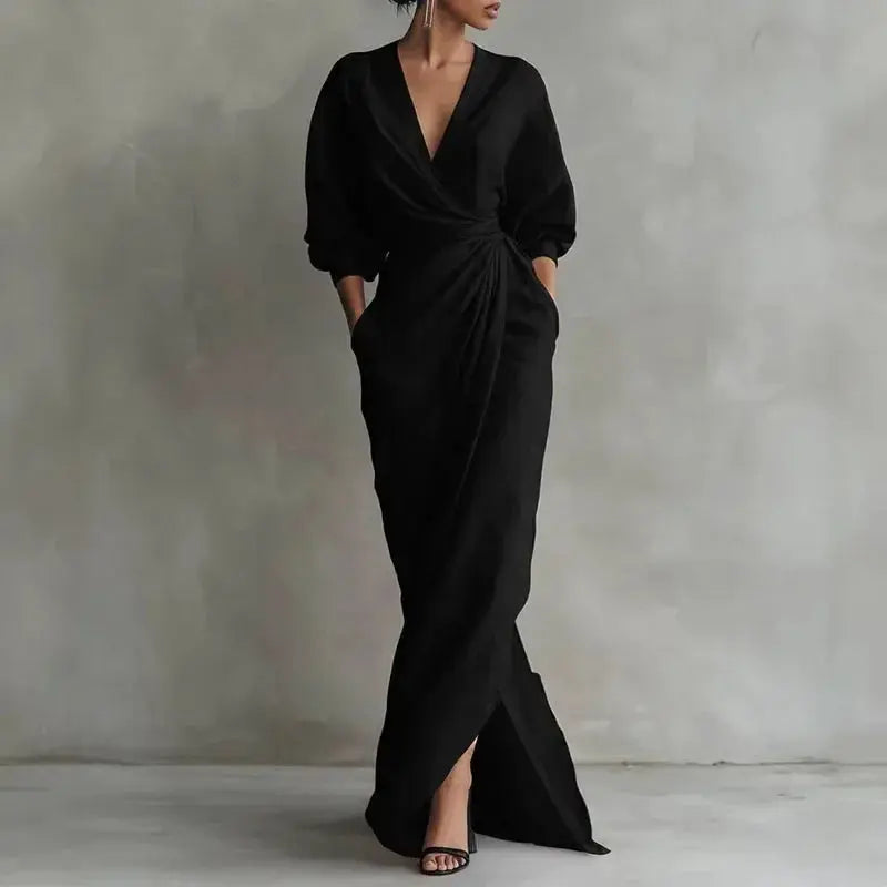 Women's Sexy V Neck Wrap Waist Long Dresses 2026 Spring Casual Solid Slim Bodycon Hips Dress Elegant Long Sleeve Slit Maxi Dress Aurexia off