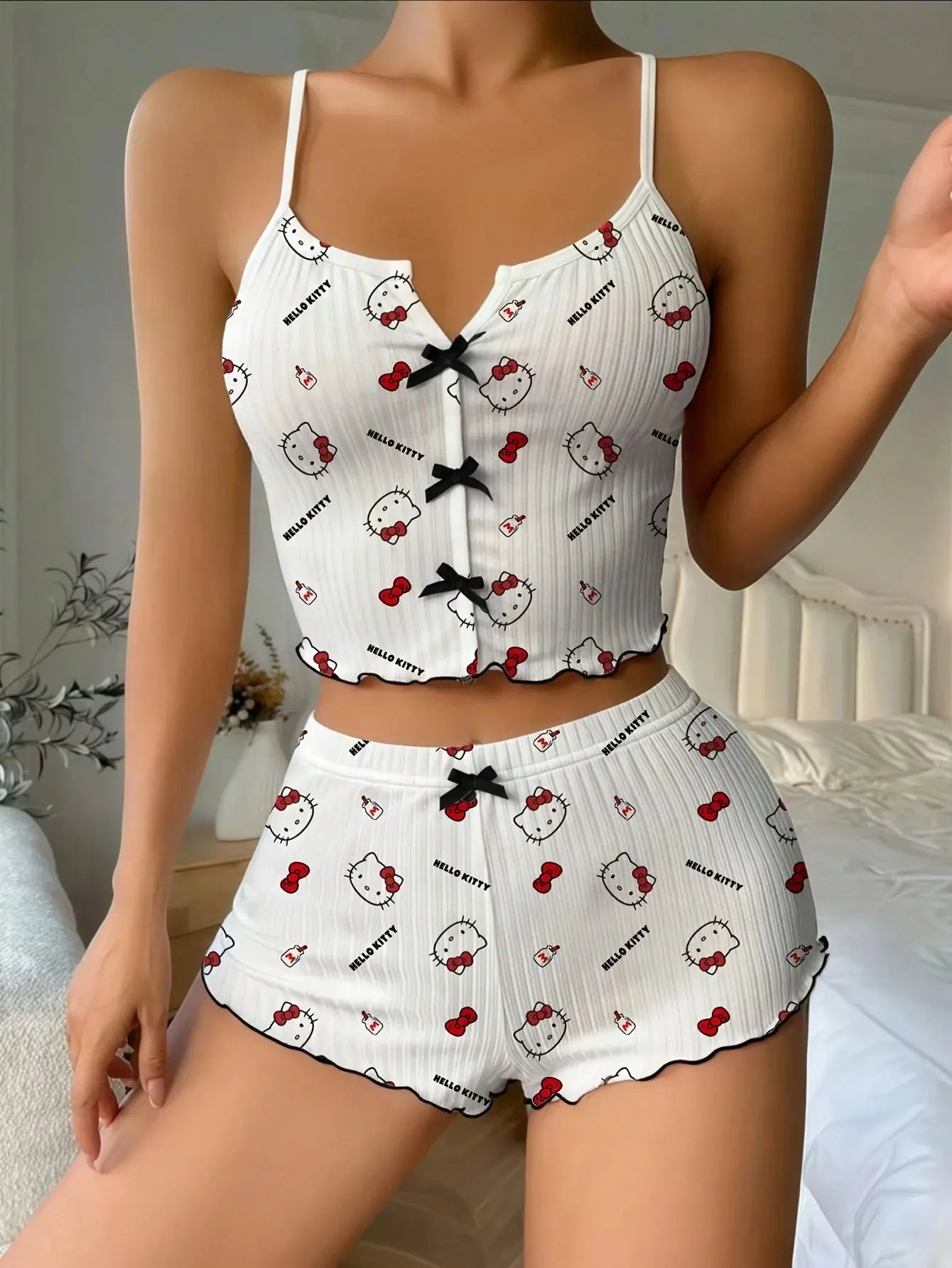 Sanrio Hello Kitty Bowknot Suspender Top Shorts Casual 2pcs Pajama Set Fashionable Thin Shoulder Strap Sexy Sleepwear Soft Pj Aurexia off