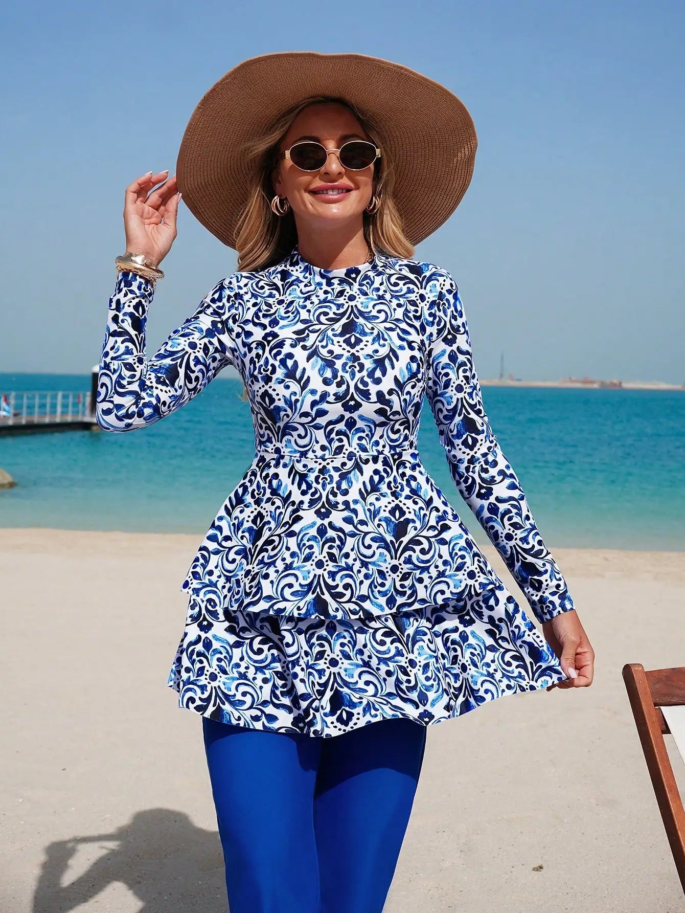 Elegant Blue And White Chinoiserie Print Peplum Jacket With Wide Leg Pants Two Piece Set For Beach Summer Holiday Aurexia off