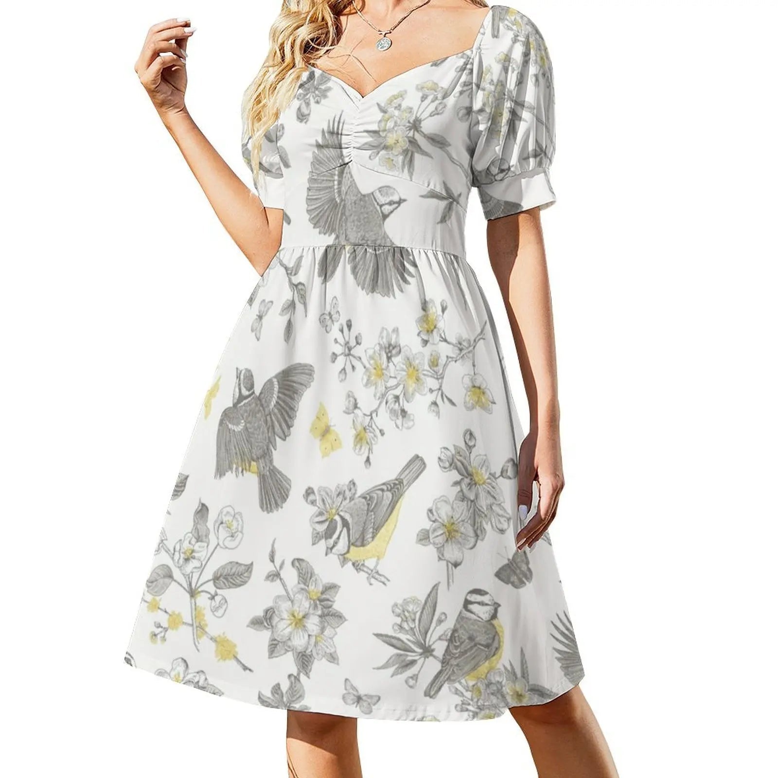 Vintage Yellow Grey Toile Birds French Country Women's Elegant Party Dress A-Line Dress With Short/Long/Sleeveless Options Aurexia off