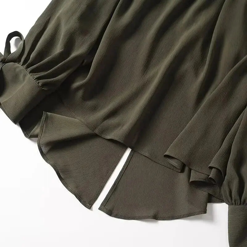 2025 French Style Women's Shirts Dark Green Loose Long Sleeve Top with Bow Tie Autumn Tops Aurexia off