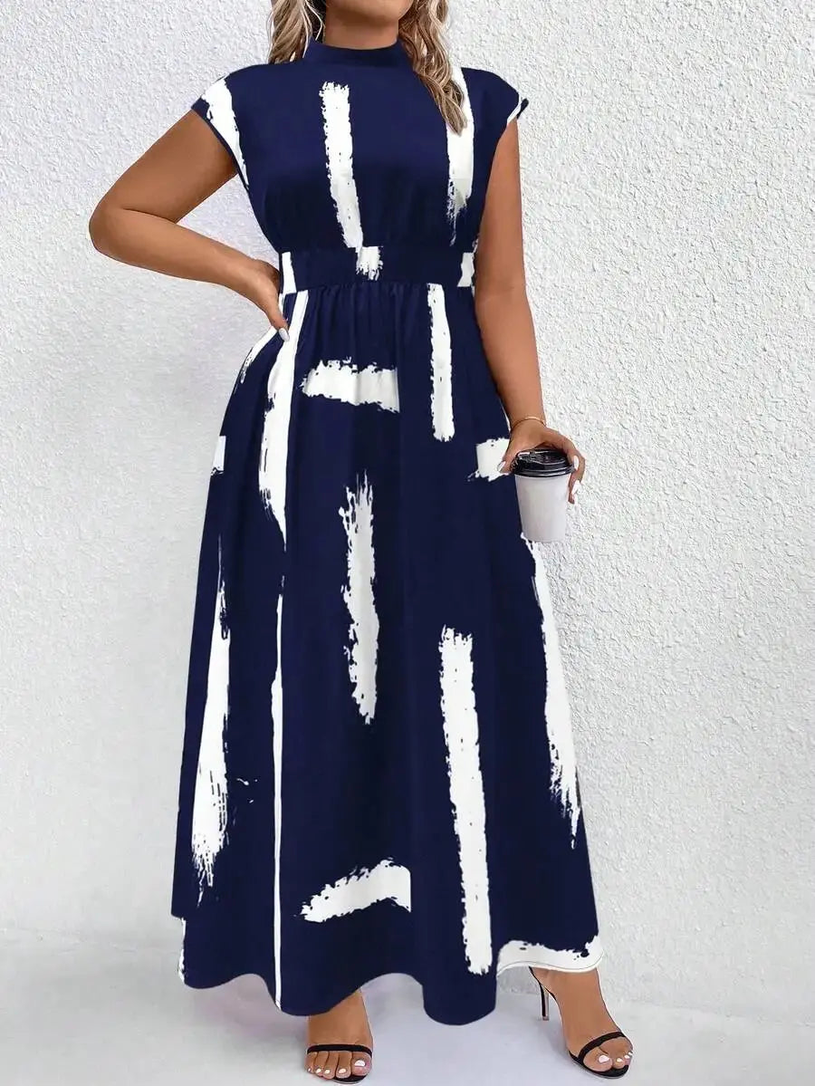 Black And Camel Abstract Print Mock Neck Maxi Dress For Women Aurexia off