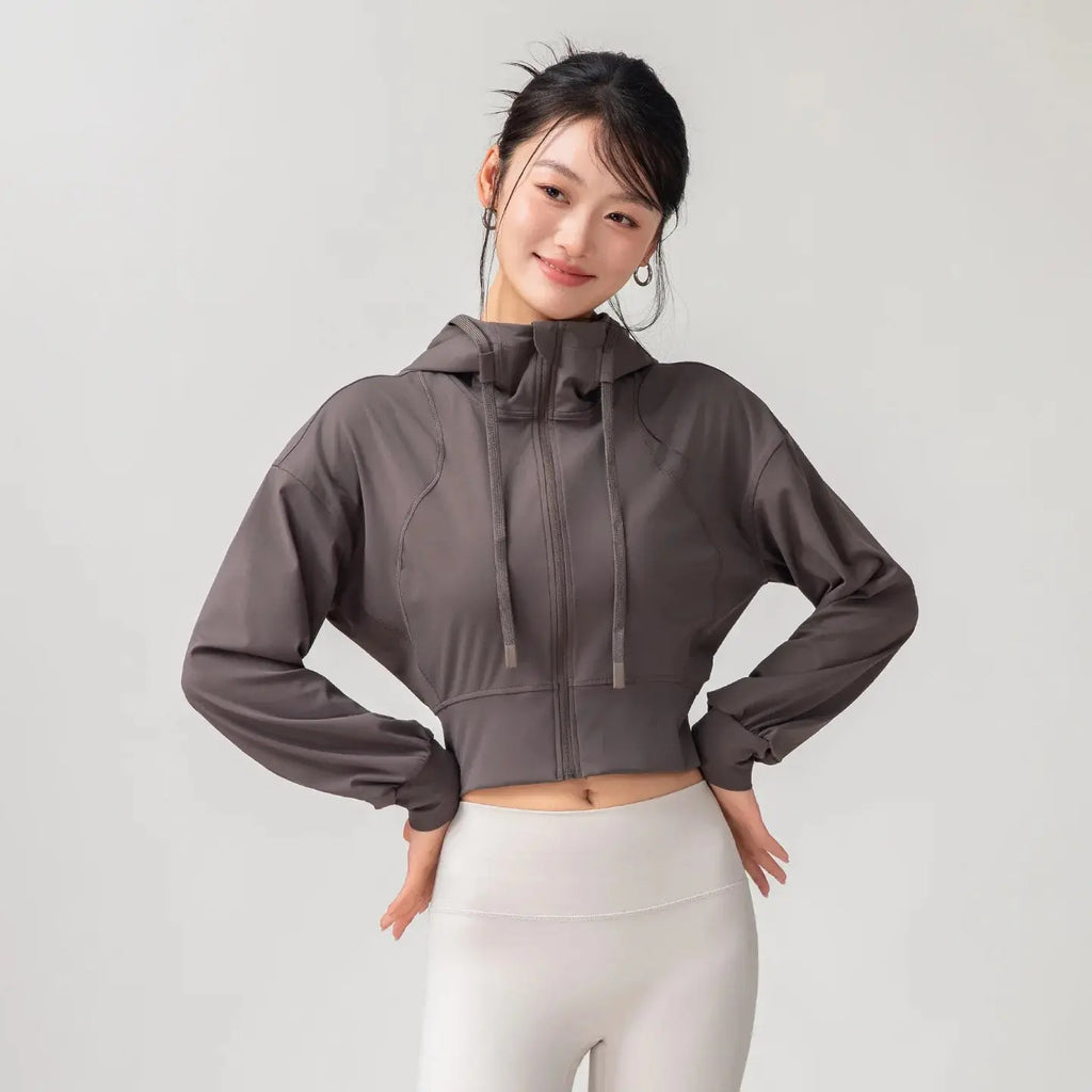 Women's Solid Color Casual Stand Collar Hooded Sports Yoga Top Leisure Simple Slim Long Sleeves Zipper Short Top Aurexia off