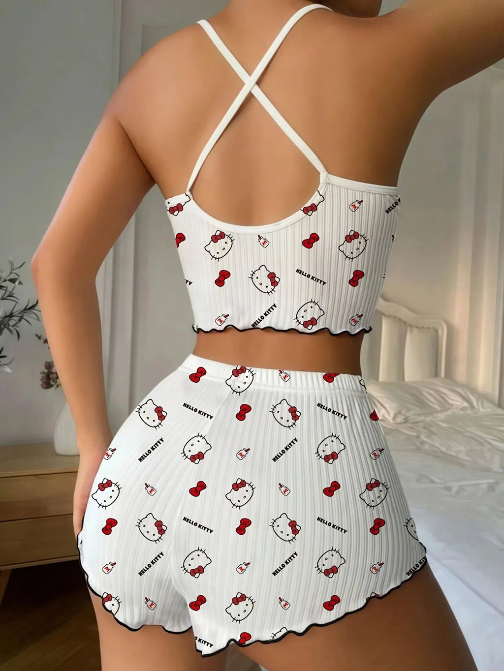 Sanrio Hello Kitty Bowknot Suspender Top Shorts Casual 2pcs Pajama Set Fashionable Thin Shoulder Strap Sexy Sleepwear Soft Pj Aurexia off