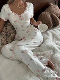 Summer Y2K Sweet Tulip Print Ruffle V Neck Tie Pajama Set Women Short Sleeve Top & Wide Leg Pants Casual Loungewear Sleepwear Aurexia off