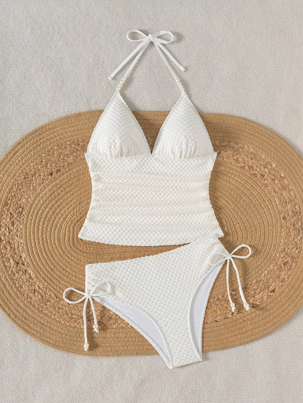Women White Knitted Jacquard Beaded Drawstring Halter Neck Bikini Set Aurexia off