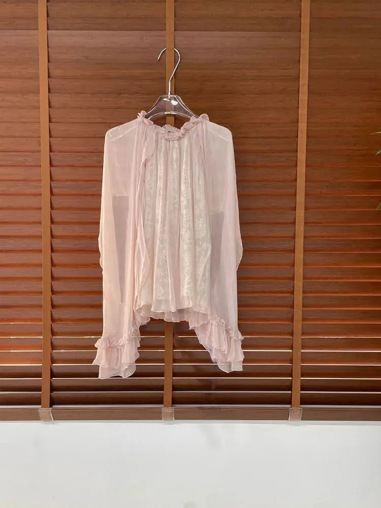 Lace ruffled loose top, stylish and high-end, versatile pink tops for women in 2026 summer collection Aurexia off