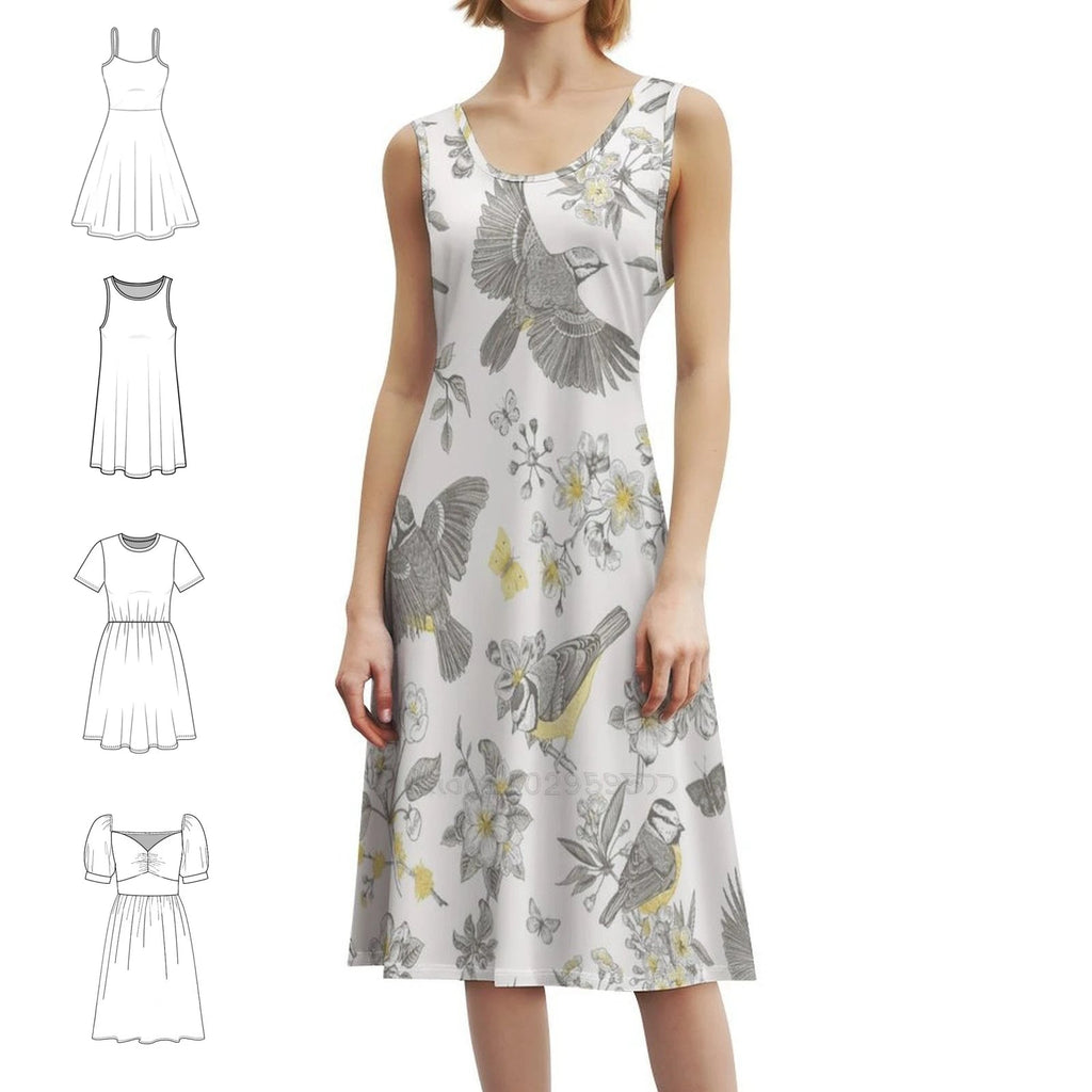 Vintage Yellow Grey Toile Birds French Country Women's Elegant Party Dress A-Line Dress With Short/Long/Sleeveless Options Aurexia off