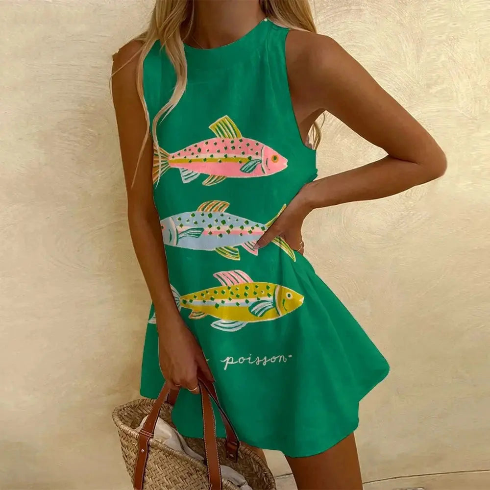 Women's Pineapple Print Sleeveless Dress - Casual Beach Vacation Party Dress for Summer Aurexia off