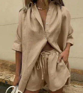 European and American 2024 Summer New Women's Solid Color Single breasted Short sleeved Shirt Two piece Set of Wide Leg Pants La Aurexia off