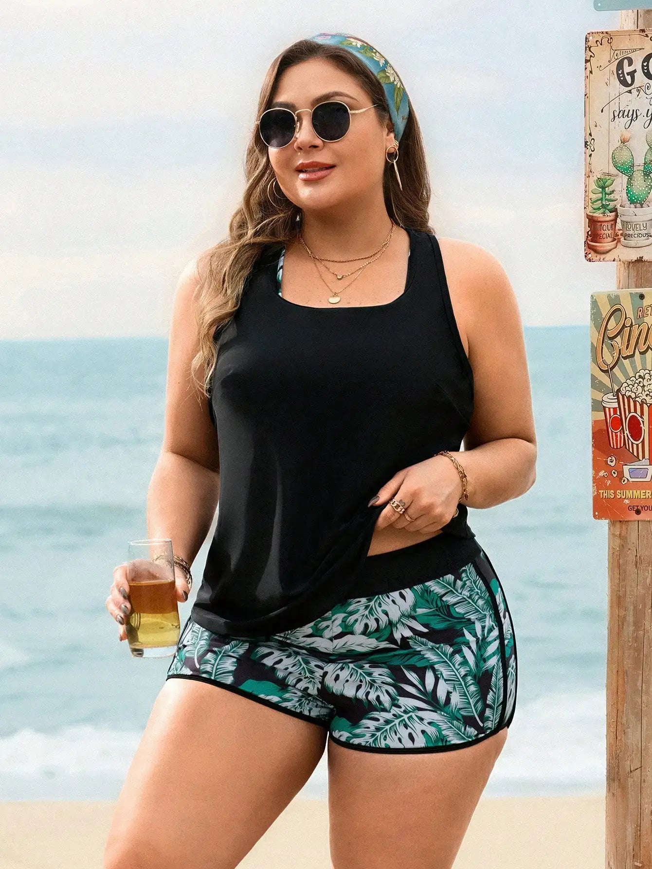 Floral Print Plus Size 3-Piece Swim Set: Racerback Bra Top, High-Waisted Shorts, Sleeveless Cover-Up For Beach And Pool Aurexia off