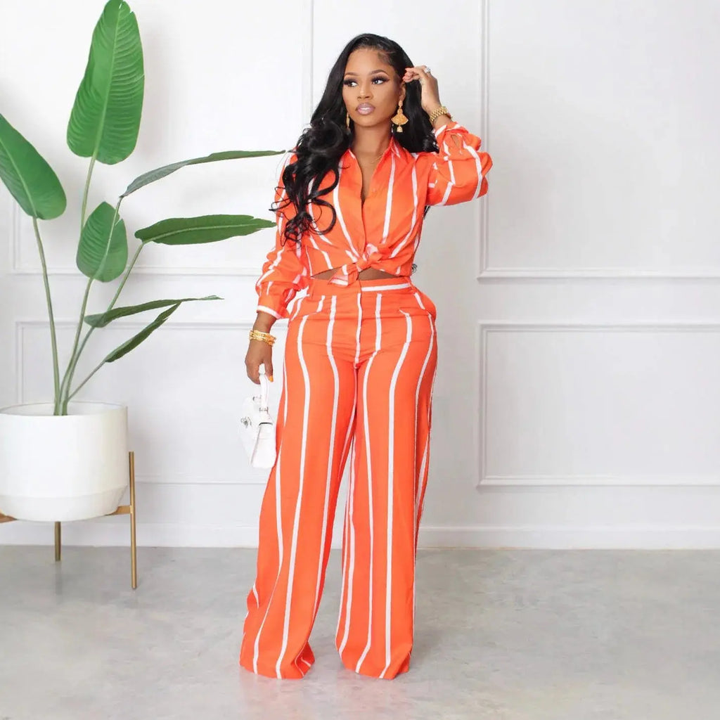Women Outfit Two Piece Set Elegant Blouse Striped Print Long Sleeve Loose Fit Casual Summer Wear Female Clothing Sets Style Aurexia off