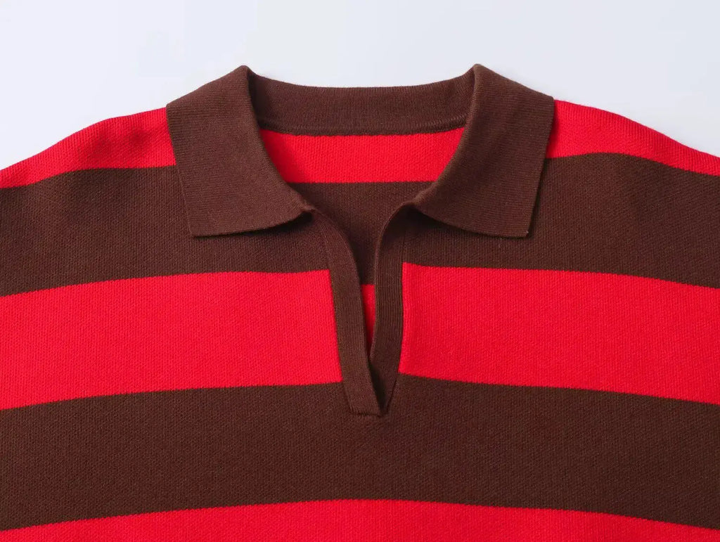 2026 Autumn New Women's Loose Long Sleeve Sweater Solid Color & Bold Stripe Lapel Top Street Fashion Long Sleeve Pullover Aurexia off