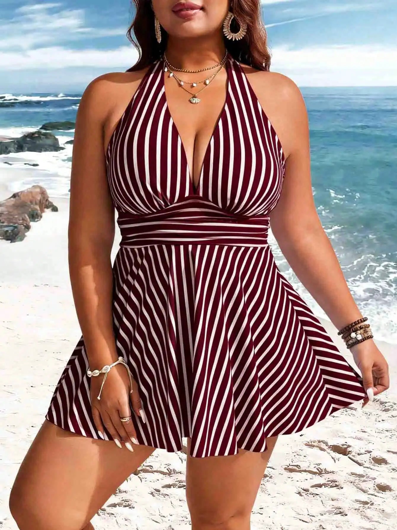 Plus Size Green White Striped Halter Tankini With Ruched Waist And Flared Skirted Bottom For Beach Resort Style Aurexia off