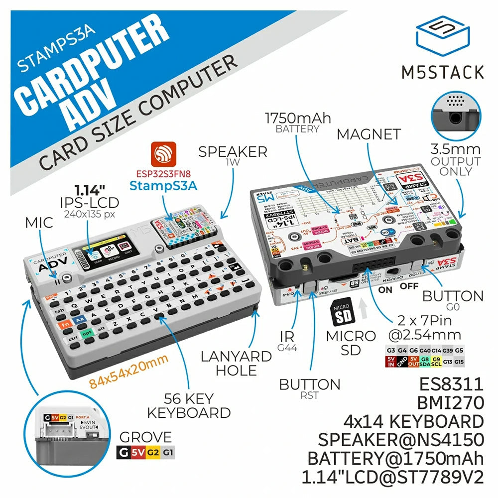 M5Stack Cardputer-Adv Programmable Card Computer Stamp-S3A 1.14" LCD 56-Keys for IoT Development Kit Aurexia off