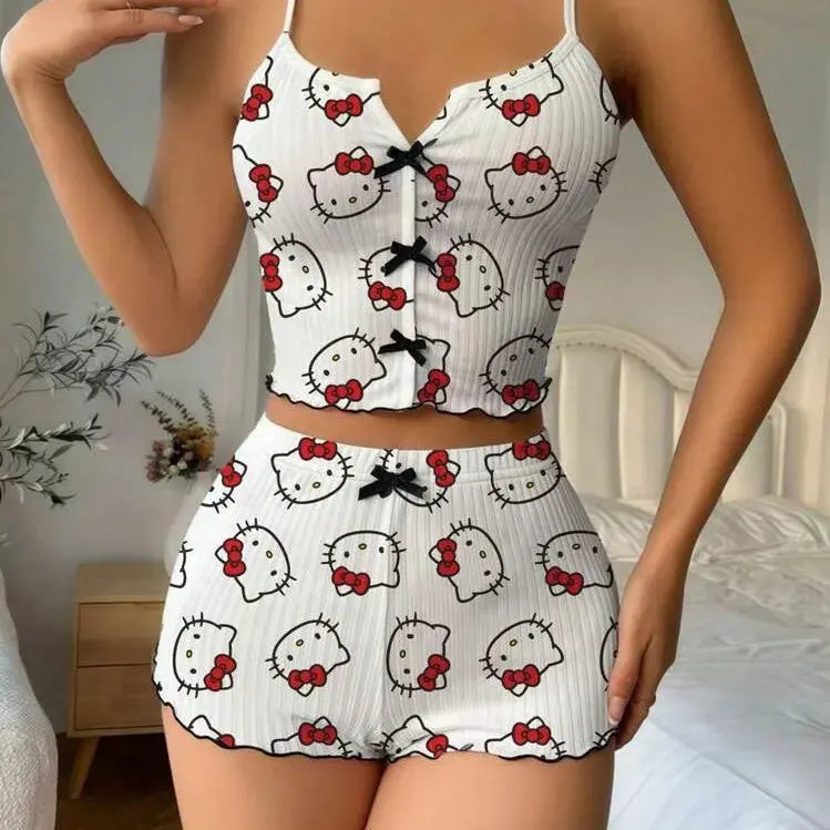 Sanrio Hello Kitty Bowknot Suspender Top Shorts Casual 2pcs Pajama Set Fashionable Thin Shoulder Strap Sexy Sleepwear Soft Pj Aurexia off