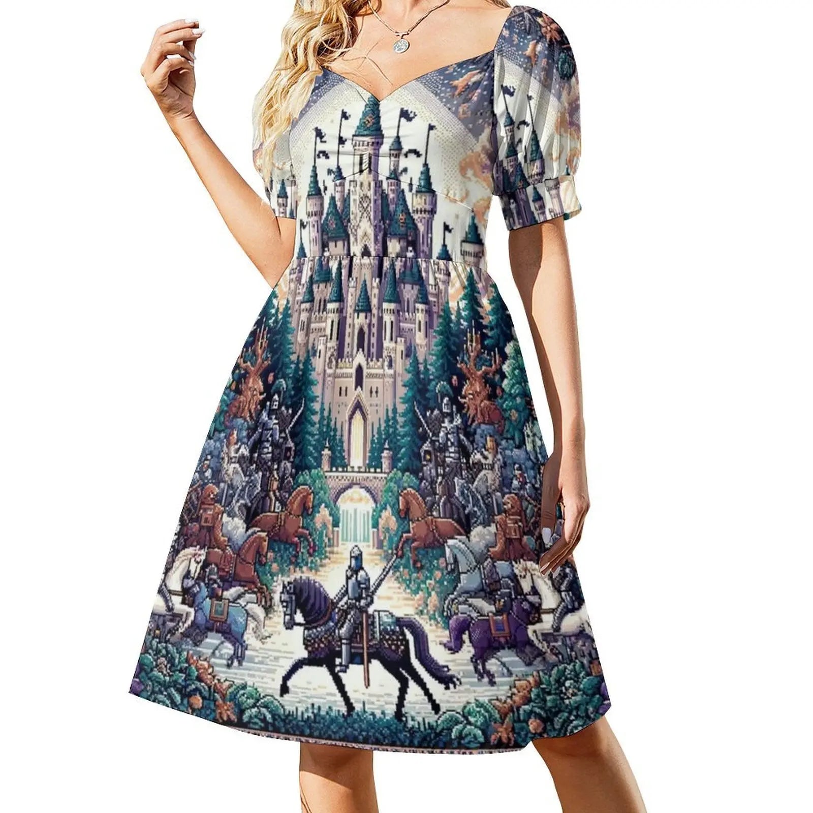 Seamless Pattern Knight Kingdom Designs And Sweetheart Neckline Dress Elegant Summer Party Dress For Women Ornate Design Vector Aurexia off