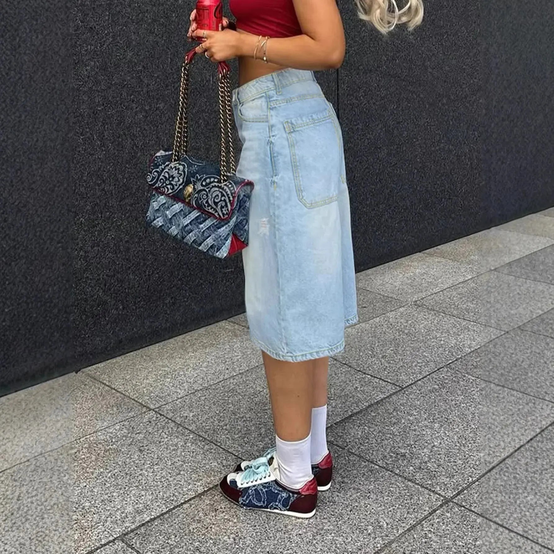 Retro Trend Ripped Denim Shorts Women's Fashion Loose Straight Five-Point Pants Aurexia off