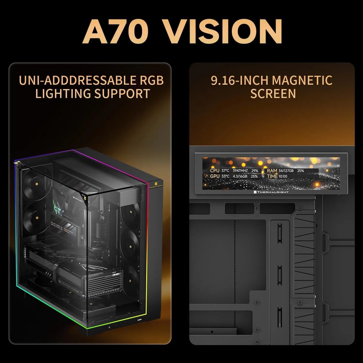 ATX Gaming Case with Panoramic Glass Panel, 8 Fan Slots, Type-C Interface, and 9.16-inch LCD Display Aurexia off