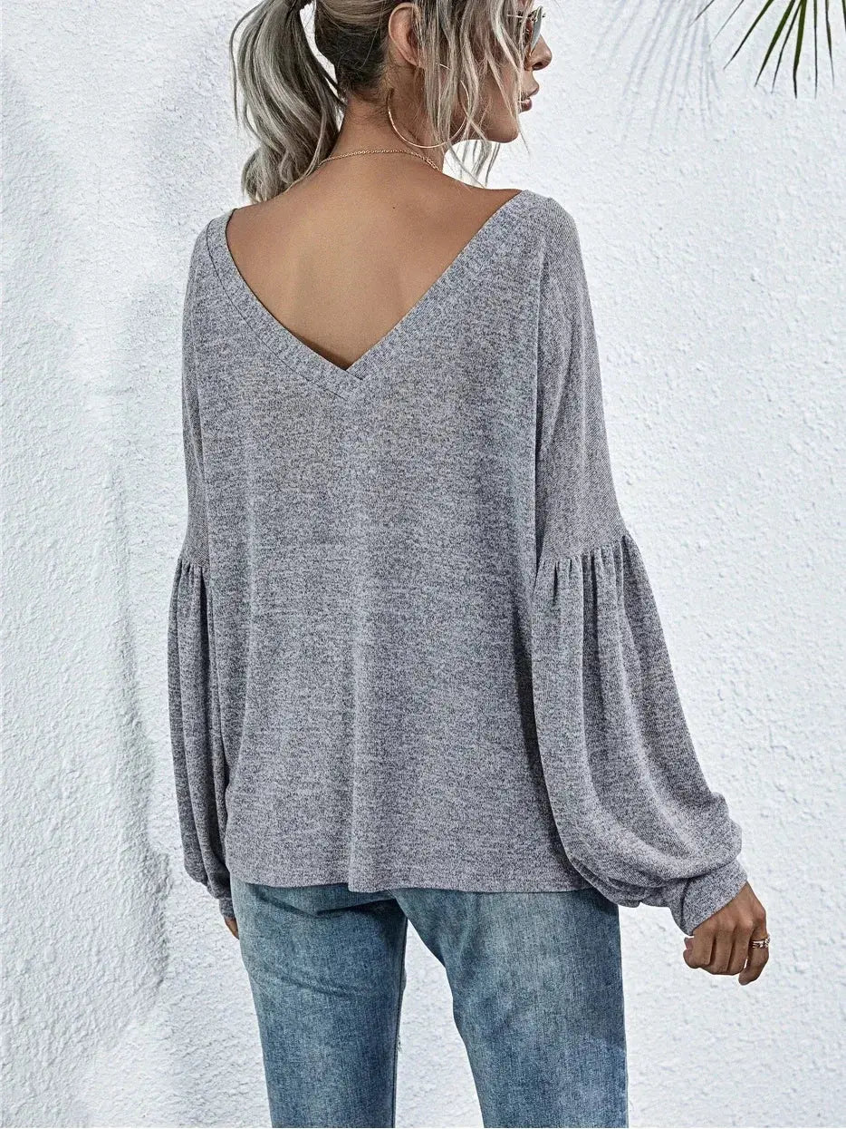 Women's V-neck Solid Color T-shirt Ladies Casual Open Back Pocket Lantern Sleeve Fashion Long Sleeve T-shirt Top Aurexia off