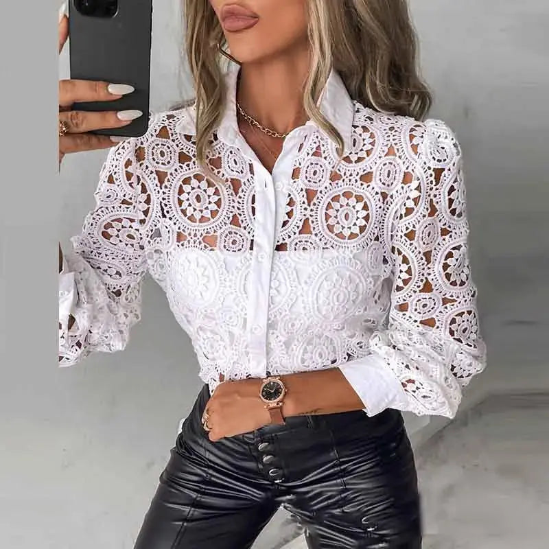 2025 Women's White Lace Shirt, Elegant Hollow Out Vintage Top Long Sleeve Blouse Aurexia off