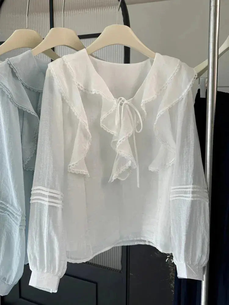 French V-Neck Chic Long Sleeved Blouse Women's Spring Summer Ruffled Casual Top New Design Aurexia off