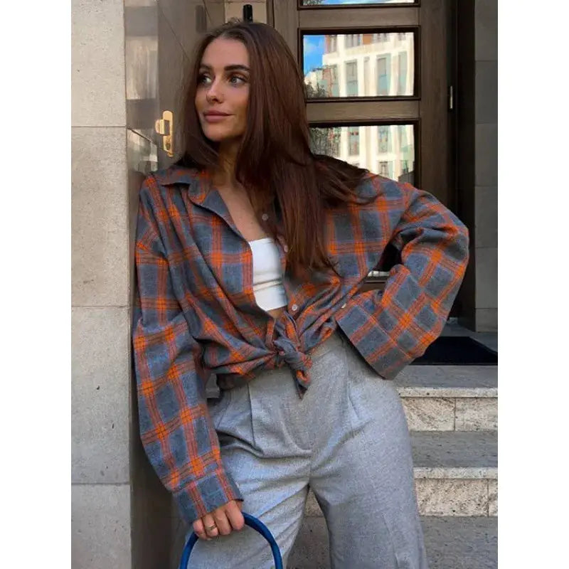 Women's Pink & Grey Plaid Flannel Shirt Button Down, Long Sleeve, Casual Streetwear Blouse for Layering Aurexia off