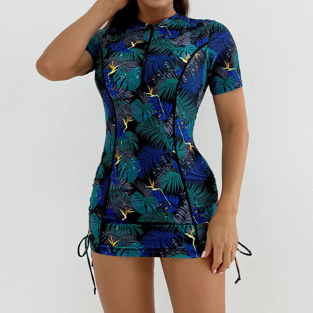 Women's Printed Zipper Design Conservative Sporty Two-Piece Tankini Swimsuit, Stylish Swimwear for Beach & Pool Aurexia off