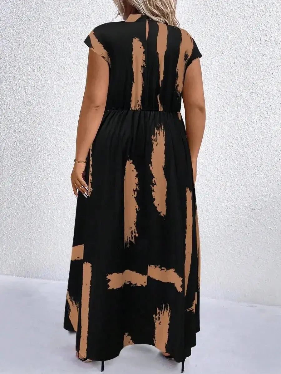 Black And Camel Abstract Print Mock Neck Maxi Dress For Women Aurexia off
