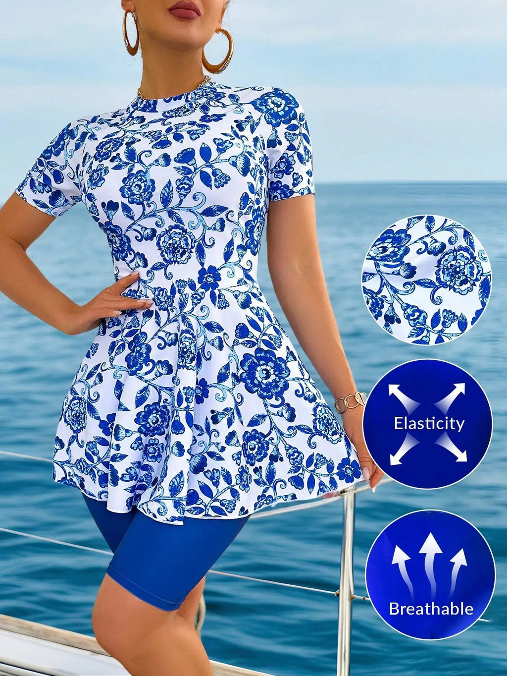 Elegant Blue And White Chinoiserie Print Peplum Jacket With Wide Leg Pants Two Piece Set For Beach Summer Holiday Aurexia off