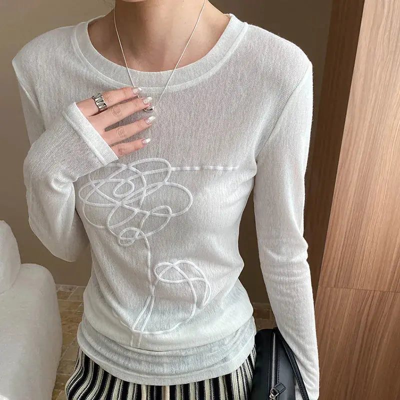 Women T-shirt Round Neck Three-dimensional Printed Pattern Slightly Transparent Solid Color Simple Versatile Long Sleeved Top Aurexia off