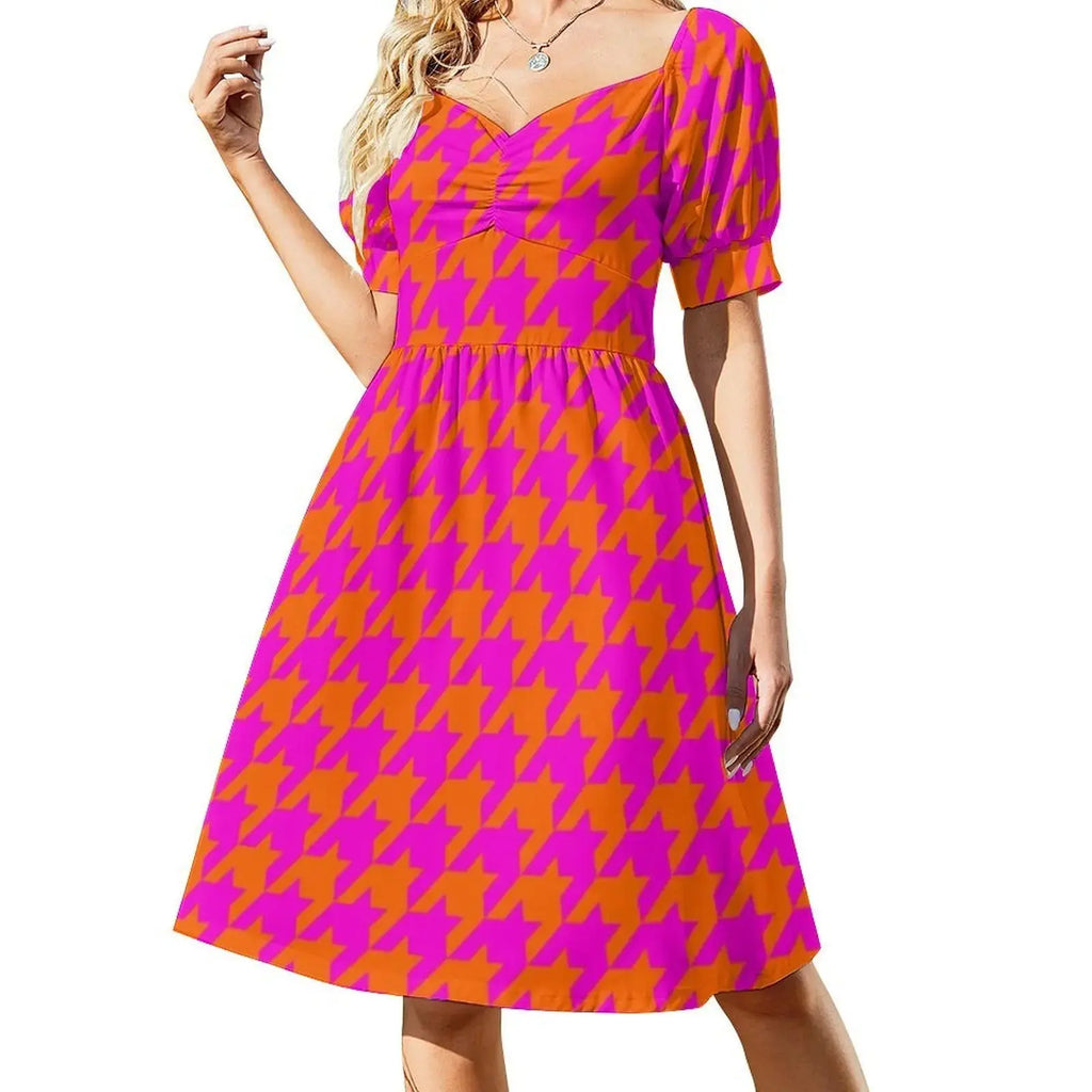 Pink & Orange Houndstooth Preppy Style Mini Dress For Women A-Line Loose Fit Casual Day Dress Large Houndstooth Dogstooth Pink Aurexia off