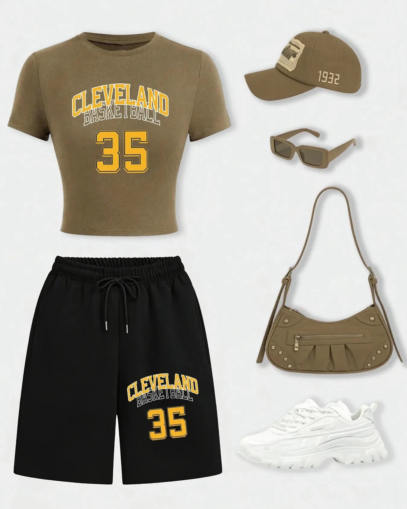 Cleveland Basketball 35 Women Crop T Shirts Set Casual Cotton T-Shirt Drawstring Summer Pocket Pant Wide-Leg Short Pants Aurexia off