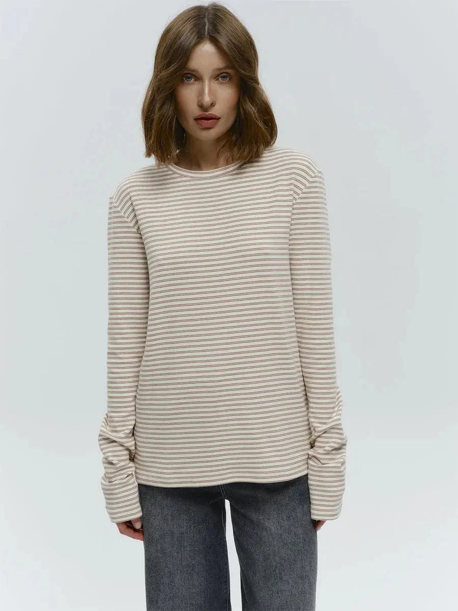 Bornladies Autumn New Fashion Women Cotton Striped Long Sleeve T Shirt Office Casual Simple Round Neck Pullover Tops & Tees Aurexia off