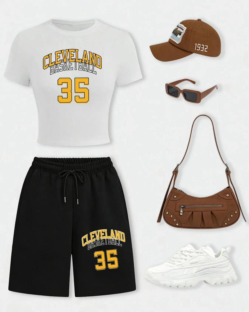 Cleveland Basketball 35 Women Crop T Shirts Set Casual Cotton T-Shirt Drawstring Summer Pocket Pant Wide-Leg Short Pants Aurexia off