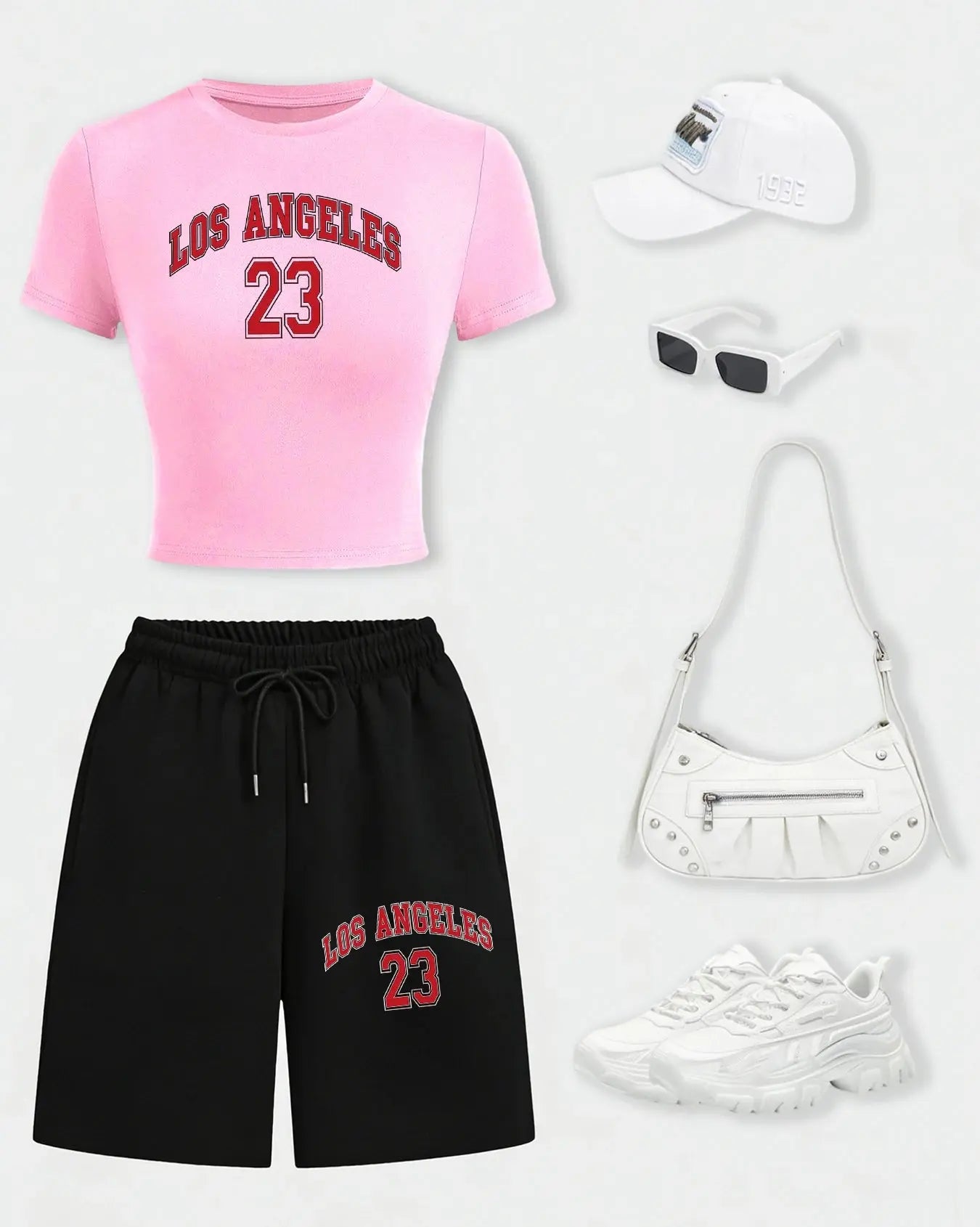 Los Angeles 24 Creative Letter Print T-Shirt Set Women Summer Cotton Crop T Shirt Wide-Leg Shorts Drawstring Pocket Gym Pant Aurexia off