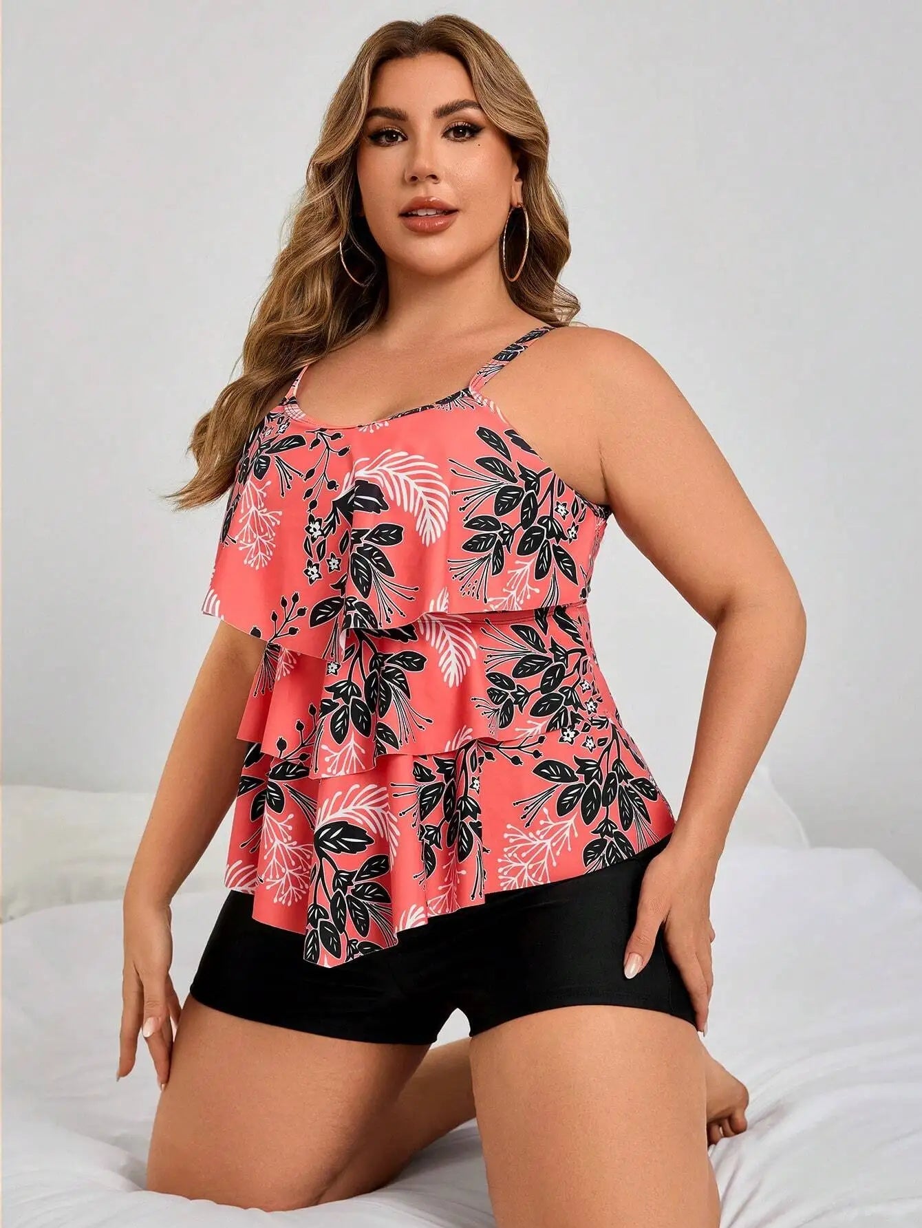 Coral Floral Print Ruffle Layered Crop Top With Solid Black Boyshorts Two Piece Plus Size Swimwear Set Aurexia off