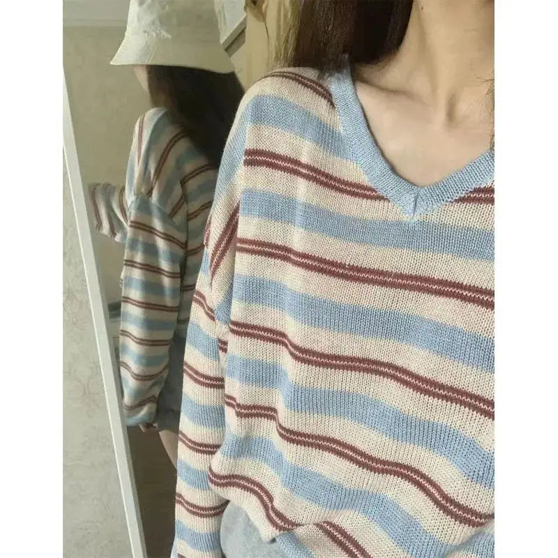 Women's Striped Knit Top, Casual Loose-Fit Long Sleeve Sweater, Lightweight Crew Neck Pullover for Daily Wear Aurexia off