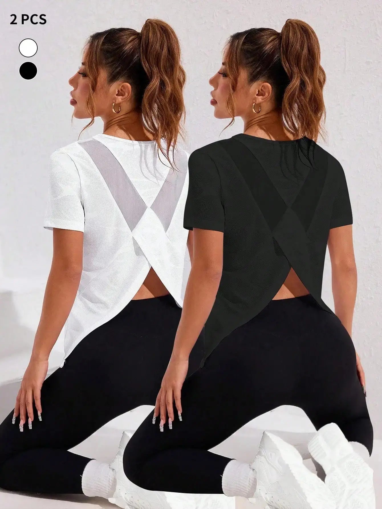 2pcs Women Sport Top With Jacquard Mesh Crossover Back Design Aurexia off