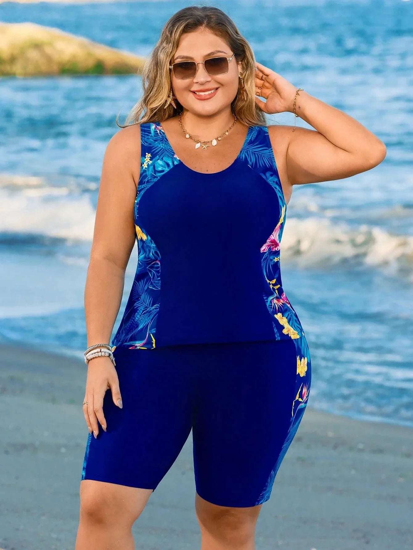 Curvy Women's Two-Piece Blue Swimsuit With Tummy Control Crop Top For Beach, Pool And Summer Activities Aurexia off