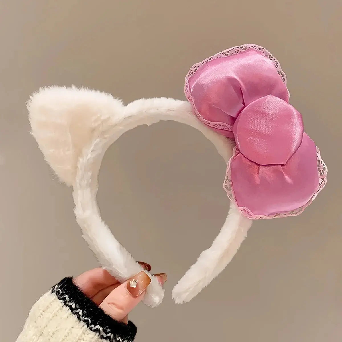 Hello Kitty Pink Bow Plush Headband  Women'S Cute and Comfortable Hair Accessory Suitable for Face Washing and Decoration Aurexia off