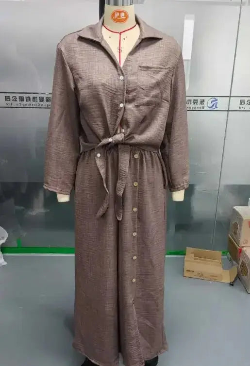 2026 Women's Solid Color Long-Sleeved Pocket Button Top and Wide-Leg Pants 2-Piece Set Aurexia off