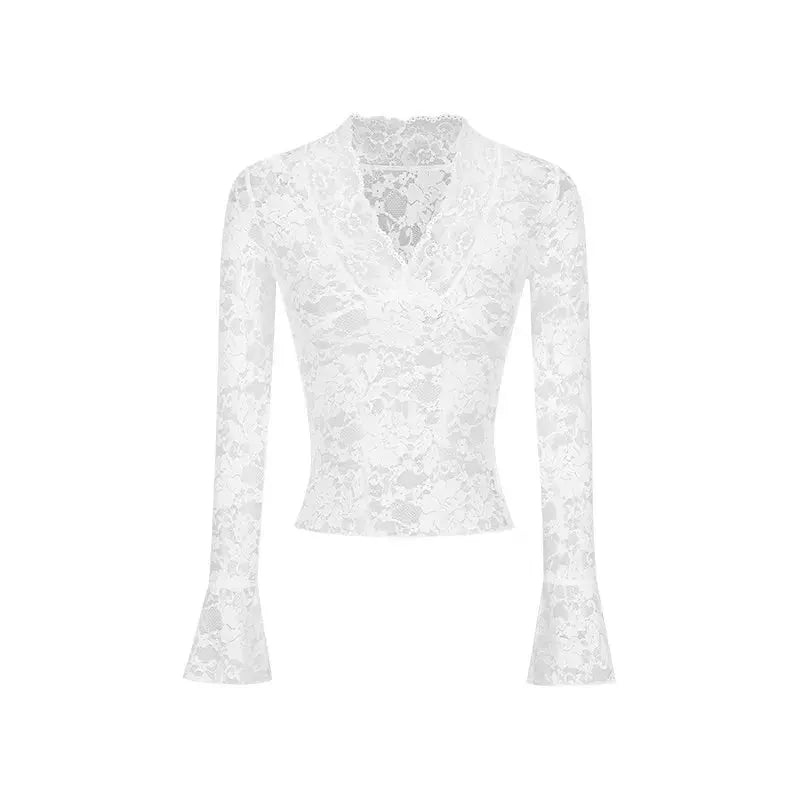 2026 Spring Sexy V-neck Lace Long Sleeved T-shirt Fashionable Women's Waist Cinching Slimming Fit Pullover Casual Club Outfit Aurexia off