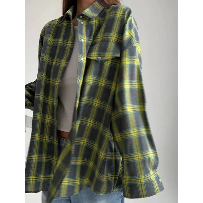 Women's Pink & Grey Plaid Flannel Shirt Button Down, Long Sleeve, Casual Streetwear Blouse for Layering Aurexia off