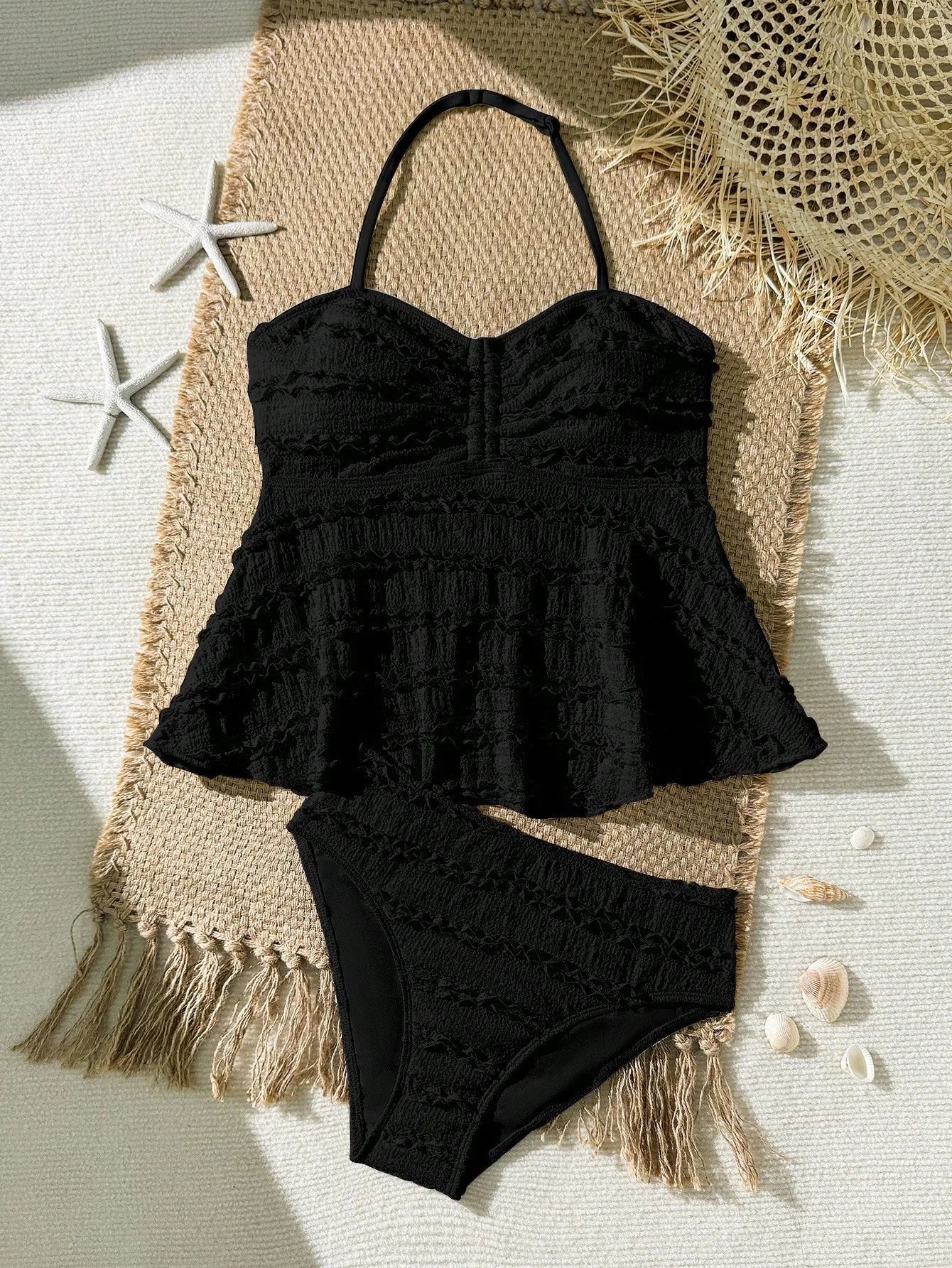 Blue Floral Tankini Set With Halter Neck And Ruffle Hem For Women Aurexia off