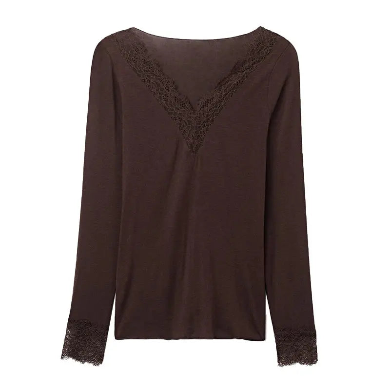 2026 Spring/Autumn Lady Fashion Inner Wear Casual V Neck Lace Trim Top Women's Solid Full Sleeve Underwear Shirt for Layering Aurexia off