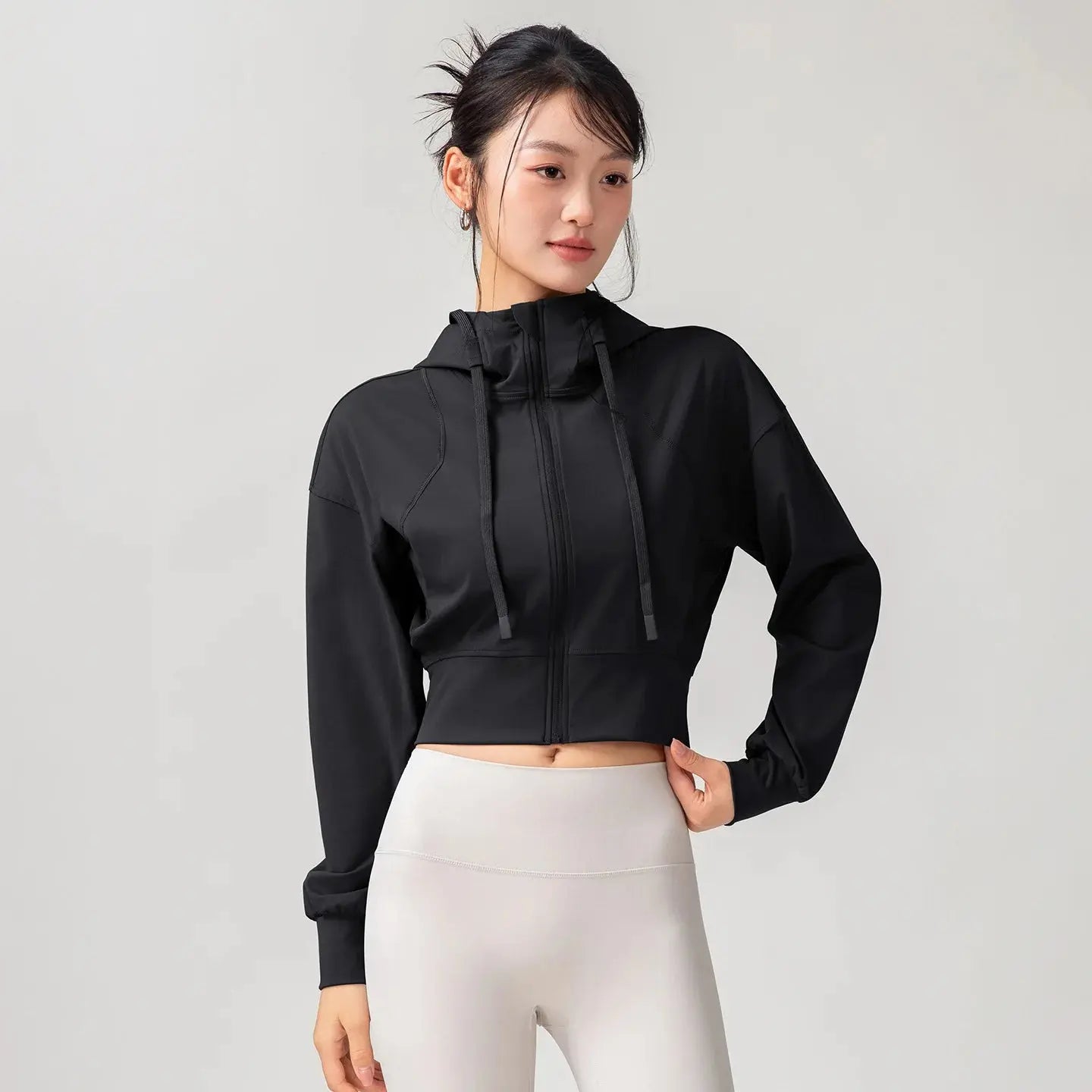 Women's Solid Color Casual Stand Collar Hooded Sports Yoga Top Leisure Simple Slim Long Sleeves Zipper Short Top Aurexia off